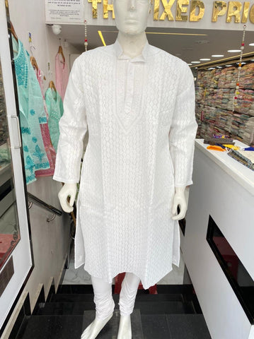 Veersons Chikankari Men’s Cotton Kurta with Front Jaal - Veersons-Chikankari Studio