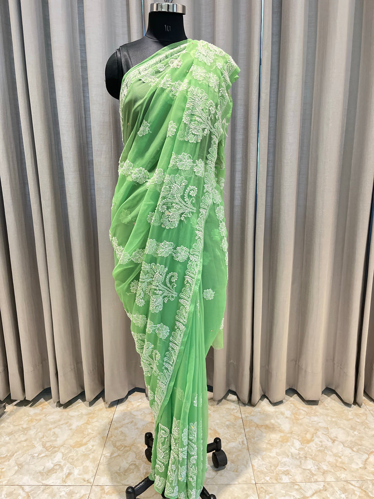 Mint Green Chikankari Saree – Devatithi